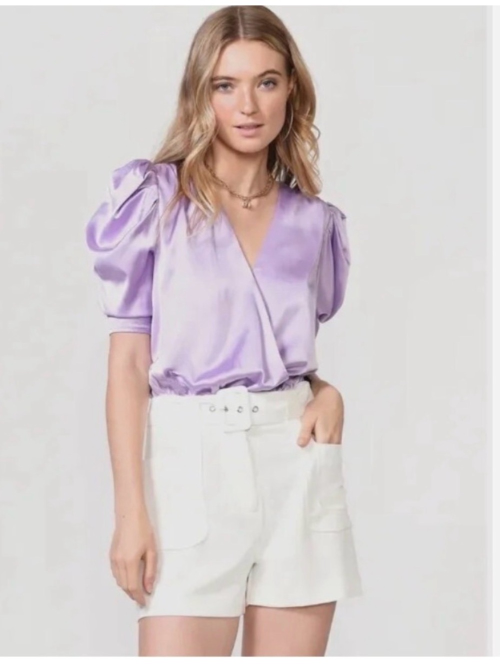 Adelyn Rae Lavender Satin Puff Sleeve Wrap Blouse